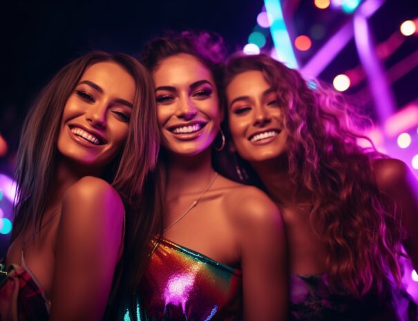 3 female friends smiling and happy on a night out