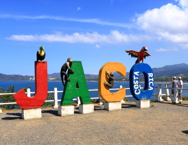 March 6 2023 - Jaco in Costa Rica: A colorful sign welcomes people to Jaco, a famous beach town on the Pacific Coast of Costa Rica in Central America